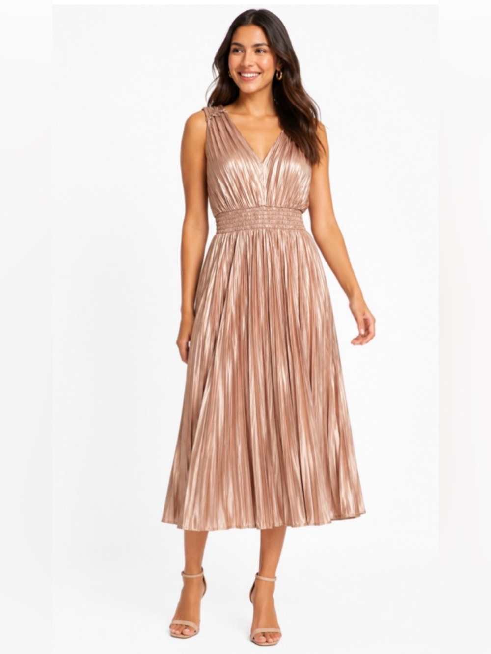 WHBM sleeveless gold pleated dress, cocktail or party midi dress Size Medium